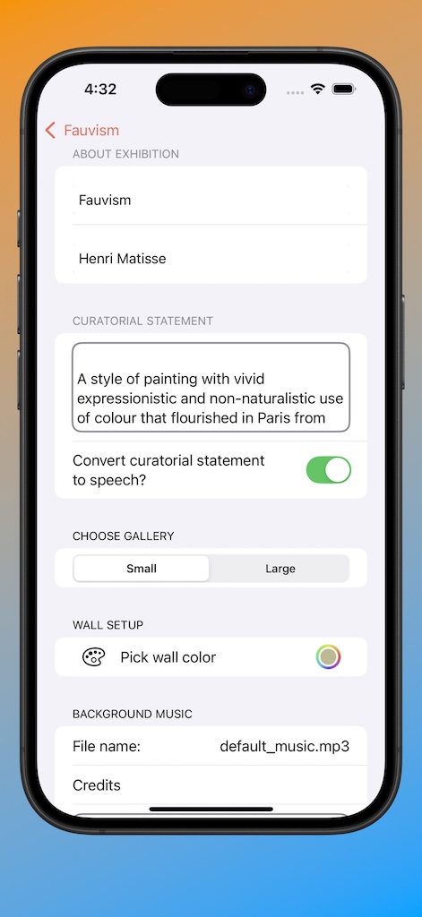 Screenshot of iPhone app exhibition creation and customization